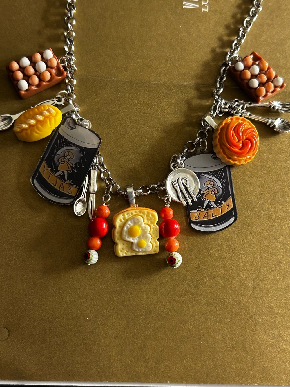 NWOT charm Necklace “Brunch Time!” Eggs, Pastry, Toast & cutlery on silver chain